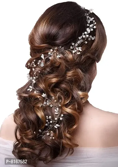 Ziory 1 Pc Silver Zinc Alloy Pearl Floral Hair Accessories (50cm) for Girls and Women-thumb0