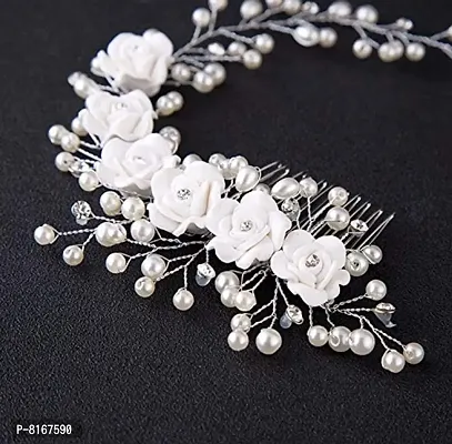 Ziory 1pc Silver Plated Alloy Crystal White Bridal Pearl Wedding Flower Vine with Comb Hairpin Hair Clip Wedding Hair Jewellery for Girls and Women-thumb5