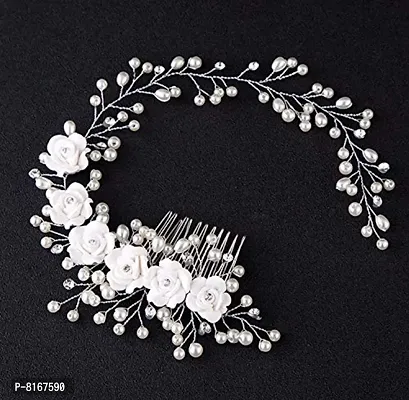 Ziory 1pc Silver Plated Alloy Crystal White Bridal Pearl Wedding Flower Vine with Comb Hairpin Hair Clip Wedding Hair Jewellery for Girls and Women-thumb4