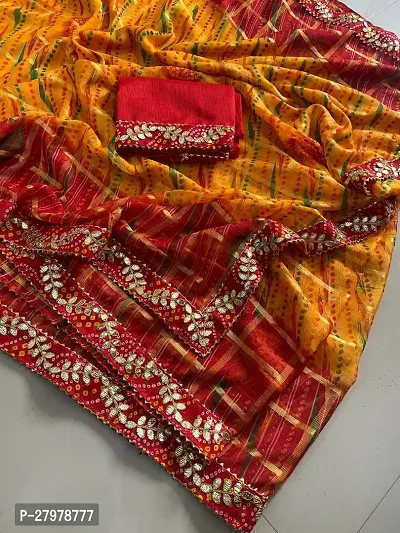 Elegant Red Chiffon Bandhani Embellished Saree With Blouse Piece
