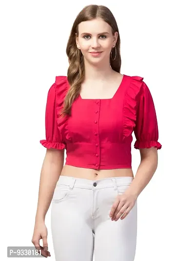 Peehu Collection Women's Puff Sleeve Crop Tops Square-Neck Casual Blouse Top Pink