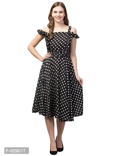 Peehu Collection Women's Comfy Cold Shoulder  Short Sleeve Polka Dot Print Fit  Flared A-Line Midi Casual Flowy Party Dress-thumb0