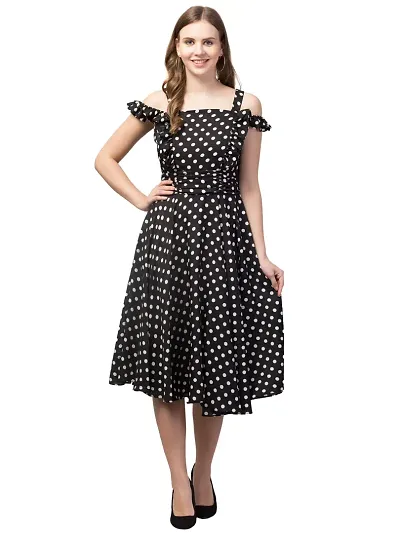 Peehu Collection Women's Comfy Cold Shoulder Short Sleeve Polka Dot Print Fit Flared A-Line Midi Casual Flowy Party Dress