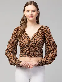 Party Puff Sleeves Printed Women Top (Small, Brown)-thumb2