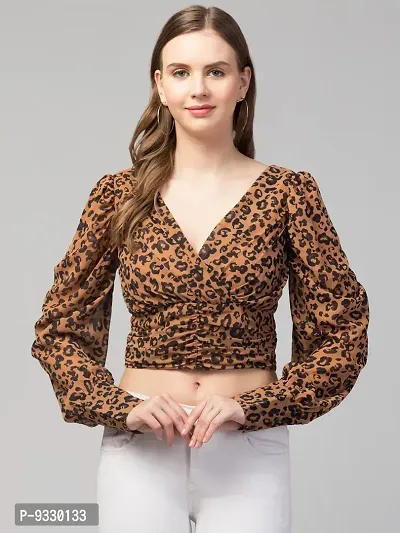 Party Puff Sleeves Printed Women Top (Small, Brown)-thumb3
