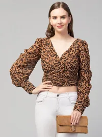Party Puff Sleeves Printed Women Top (Small, Brown)-thumb4
