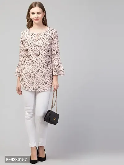 Party Bell Sleeves Printed Women Top (Small, Beige)-thumb2