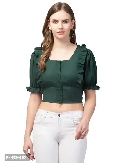 Casual Puff Sleeves Solid Women Top (Small, Bottle Green)