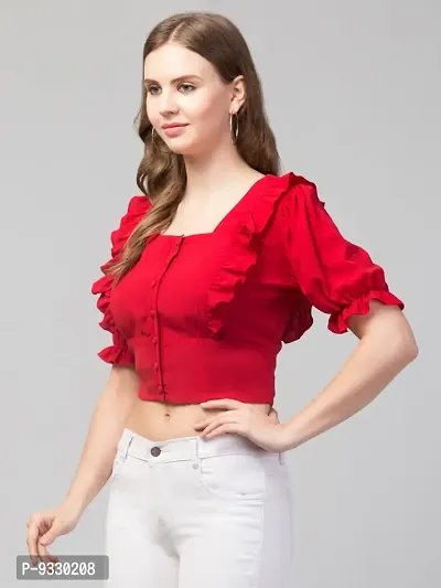 Peehu Collection Women's Puff Sleeve Crop Tops Square-Neck Casual Blouse Top Red-thumb4