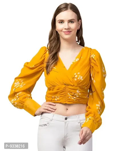 Peehu Collection Women's Full Sleeve Crop Tops V-Neck Casual Blouse Top-thumb0