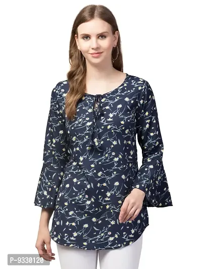 Party Bell Sleeves Printed Women Top (Small, Blue)