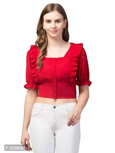 Peehu Collection Women's Puff Sleeve Crop Tops Square-Neck Casual Blouse Top Red-thumb1