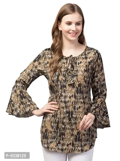Party Bell Sleeves Printed Women Top (Small, Brown)