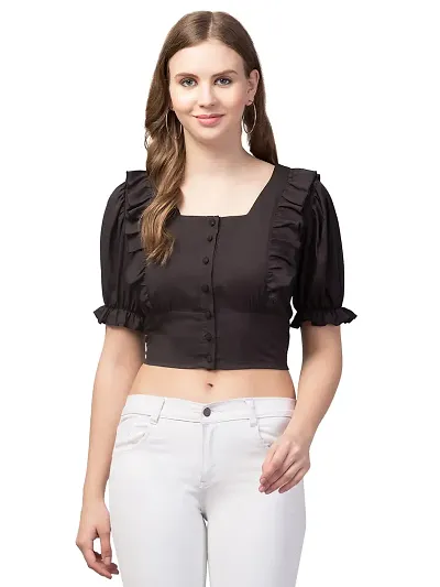 Casual Puff Sleeves Solid Women Top (Small, Black)