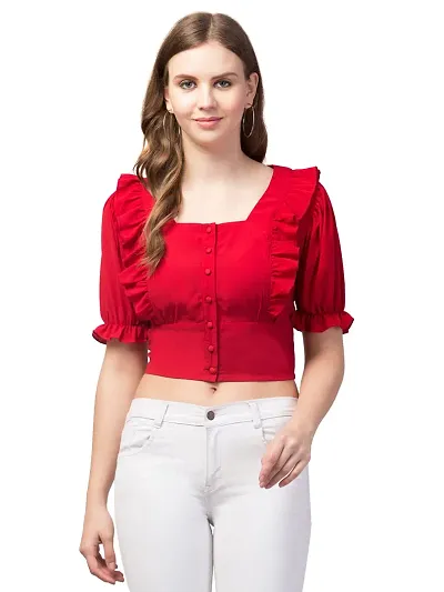 Casual Puff Sleeves Solid Women Top (Small, Maroon)