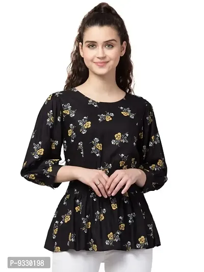 Peehu Collection Casual Cuffed Sleeves Printed Women Top (Small, Black)