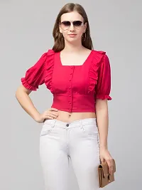 Peehu Collection Women's Puff Sleeve Crop Tops Square-Neck Casual Blouse Top Pink-thumb5