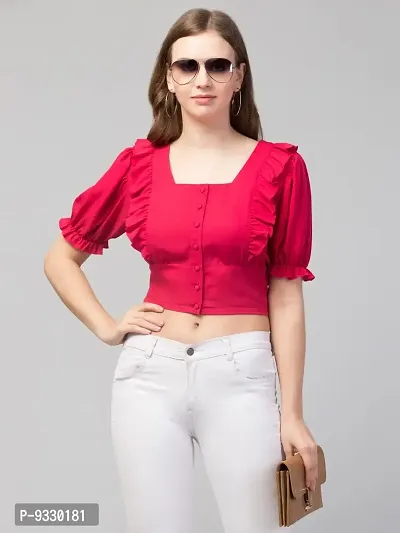 Peehu Collection Women's Puff Sleeve Crop Tops Square-Neck Casual Blouse Top Pink-thumb6