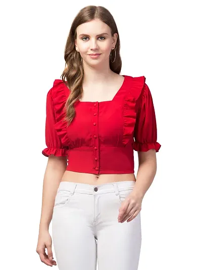 Peehu Collection Women's Puff Sleeve Crop Tops Square-Neck Casual Blouse Top