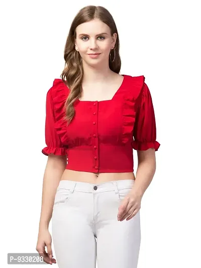 Peehu Collection Women's Puff Sleeve Crop Tops Square-Neck Casual Blouse Top Red