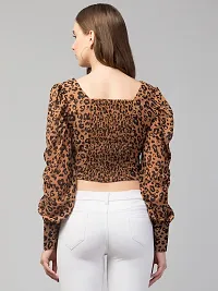 Party Puff Sleeves Printed Women Top (Small, Brown)-thumb1