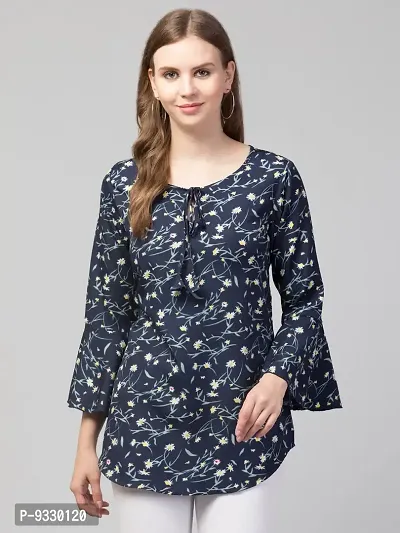 Party Bell Sleeves Printed Women Top (Small, Blue)-thumb3