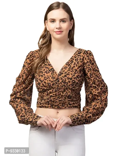 Party Puff Sleeves Printed Women Top (Small, Brown)