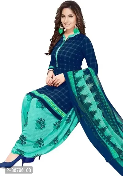 Elegant Blue Crepe Checked Dress Material with Dupatta For Women