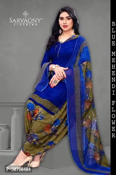 Elegant Blue Crepe Printed Dress Material with Dupatta For Women-thumb0