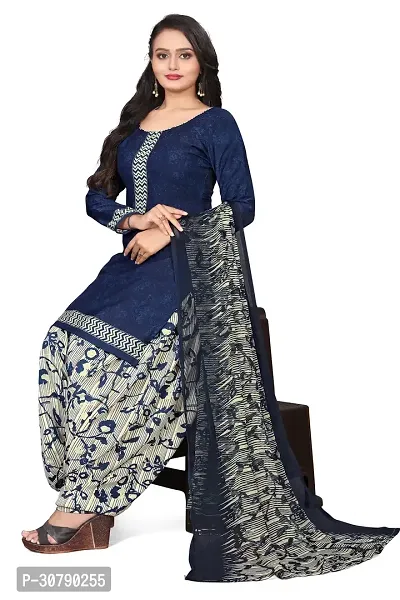 Elegant Navy Blue Crepe Printed Dress Material with Dupatta For Women