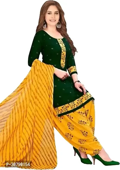 Elegant Green Crepe Printed Dress Material with Dupatta For Women-thumb0