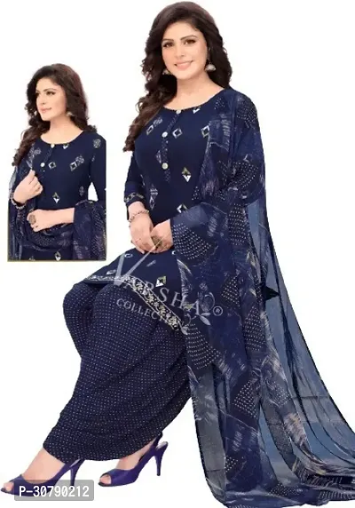 Elegant Navy Blue Crepe Printed Dress Material with Dupatta For Women-thumb0