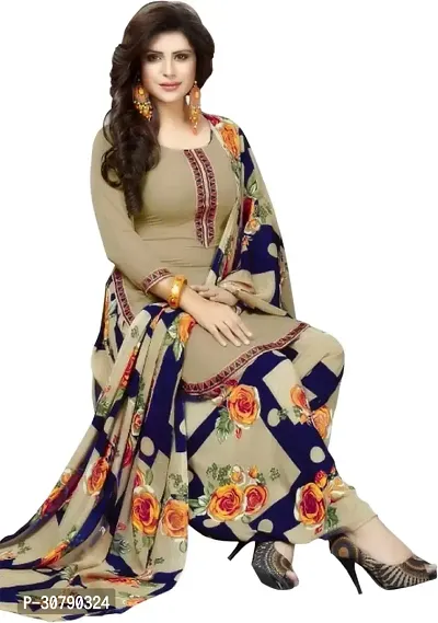 Elegant Beige Crepe Printed Dress Material with Dupatta For Women-thumb0