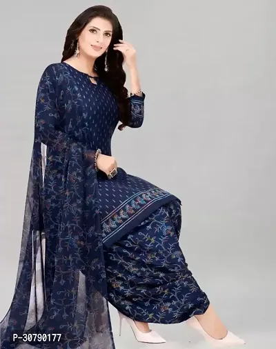 Elegant Blue Crepe Printed Dress Material with Dupatta For Women-thumb0