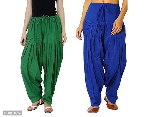 Caaspy Women's Cotton Plain Semi Patiala Salwar Patiala Pants Cotton Patiala Combo (Size: Free Size, Length: 41 Inches) (Green Combo) (Green & Royal Blue)