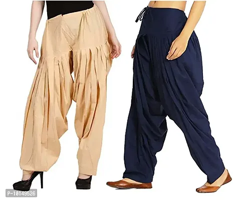 Caaspy Women's Cotton Plain Semi Patiala Salwar Patiala Pants Cotton Patiala Combo (Size: Free Size, Length: 41 Inches) (Beige Combo) (Beige  Navy Blue)