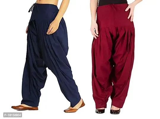 Caaspy Women's Cotton Plain Semi Patiala Salwar Patiala Pants Cotton Patiala Combo (Size: Free Size, Length: 41 Inches) (Navy Blue Combo) (Navy Blue & Maroon)