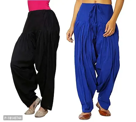 Caaspy Women's Cotton Plain Semi Patiala Salwar Patiala Pants Cotton Patiala Combo (Size: Free Size, Length: 41 Inches) (Black Combo) (Black & Royal Blue)