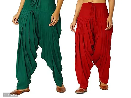 Caaspy Women's Cotton Plain Semi Patiala Salwar Patiala Pants Cotton Patiala Combo (Size: Free Size, Length: 41 Inches) (Dark Green Combo) (Dark Green & Red)