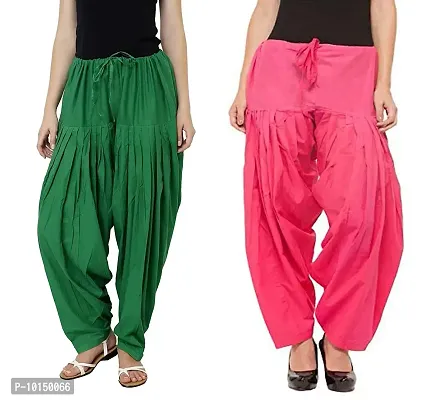 Caaspy Women's Cotton Plain Semi Patiala Salwar Patiala Pants Cotton Patiala Combo (Size: Free Size, Length: 41 Inches) (Green Combo) (Green  Peach)