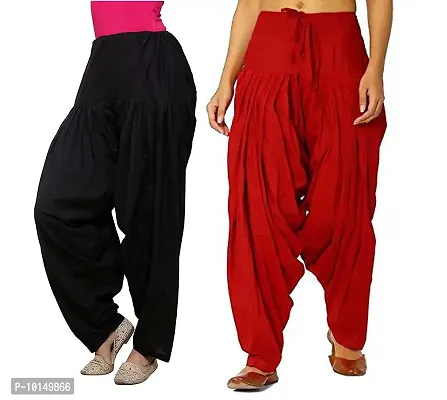 Caaspy Women's Cotton Plain Semi Patiala Salwar Patiala Pants Cotton Patiala Combo (Size: Free Size, Length: 41 Inches) (Black Combo) (Black & Red)