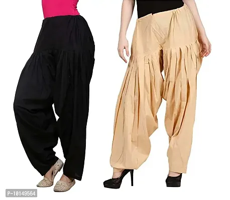 Caaspy Women's Cotton Plain Semi Patiala Salwar Patiala Pants Cotton Patiala Combo (Size: Free Size, Length: 41 Inches) (Black Combo) (Black & Beige)-thumb0