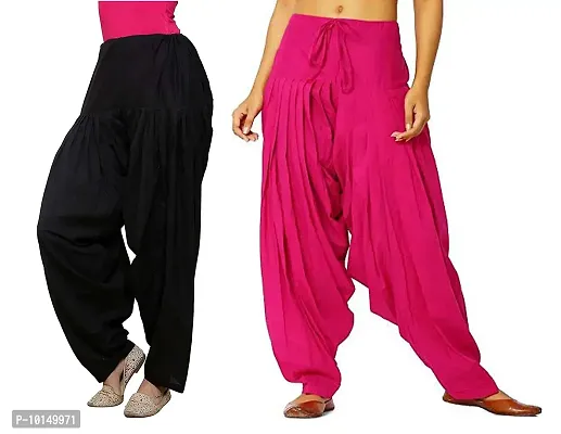 Caaspy Women's Cotton Plain Semi Patiala Salwar Patiala Pants Cotton Patiala Combo (Size: Free Size, Length: 41 Inches) (Black Combo) (Black & Pink)