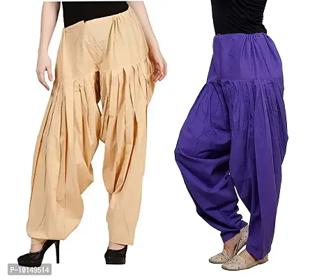 Caaspy Women's Cotton Plain Semi Patiala Salwar Patiala Pants Cotton Patiala Combo (Size: Free Size, Length: 41 Inches) (Beige Combo) (Beige & Purple)