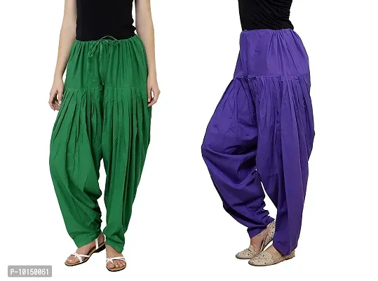 Caaspy Women's Cotton Plain Semi Patiala Salwar Patiala Pants Cotton Patiala Combo (Size: Free Size, Length: 41 Inches) (Green Combo) (Green & Purple)