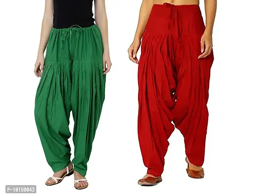 Caaspy Women's Cotton Plain Semi Patiala Salwar Patiala Pants Cotton Patiala Combo (Size: Free Size, Length: 41 Inches) (Green Combo) (Green  Red)