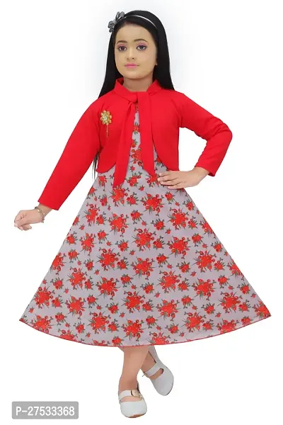 Fancy Red Floral Printed Frock For Girls-thumb0