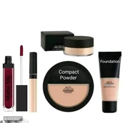 Combo pack of compact foundation concealer loose powder ,Maroon mate lipstick