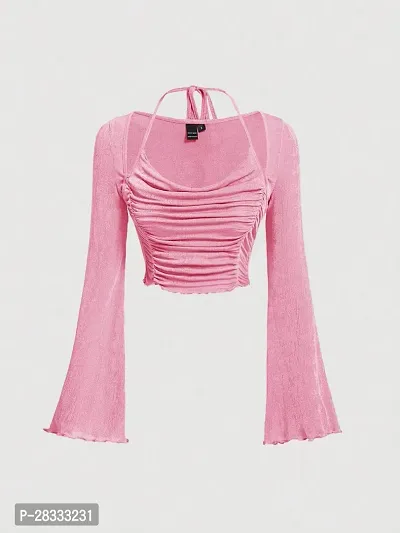 Elegant Pink Polyester Solid Crop Length Top For Women