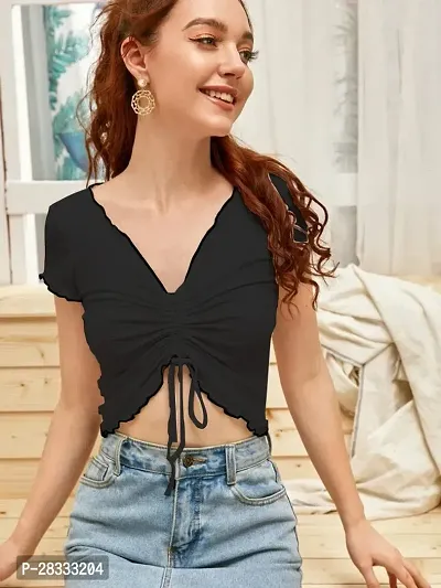 Elegant Black Polyester Solid Crop Length Top For Women